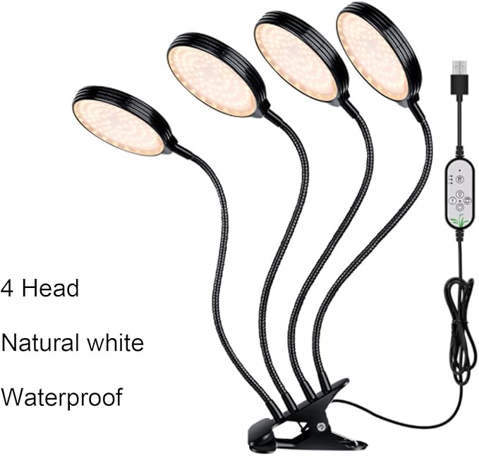 60W 4 Head LED Plant Light for Indoor Growing with USB Power - 360° Adjustable Clip - On Grow Lamp 5 Dimmable Modes Waterproof Design for Plants