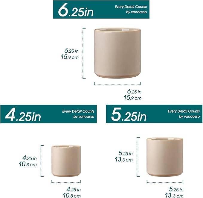 vancasso Ceramic Plant Pots 4.25+5.25+6.25 Inch Planter Pot with Drainage Hole Flower Pots for Indoor Outdoor Plants Set of 3 Grey