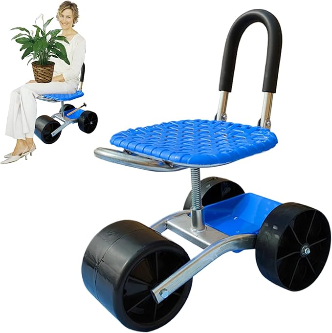 Garden Seat with Wheels 360° Swivel＆Adjustable Height Garden Stool with Wheels Heavy Duty Rolling Seat with Foldable Backrest and Storage Basket for Patio Yard Outdoor|Workseats