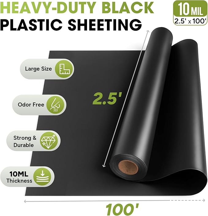 10 Mil Black Plastic Sheeting 2.5x100 FT – UV Protection Poly Sheeting Polyethylene Film Black Plastic Rolls for Garden Crawl Space Vapor Barrier Construction Landscaping Weed Moisture Control