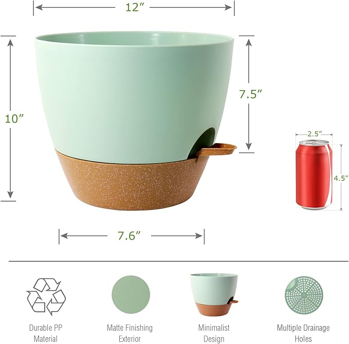 12 inch Large Self Watering Pots Plastic Planters with 60oZ Removable Deep Reservoir and Multi Mesh Drainage Holes for Indoor Outdoor Garden Plants and Flowers Green with Brown
