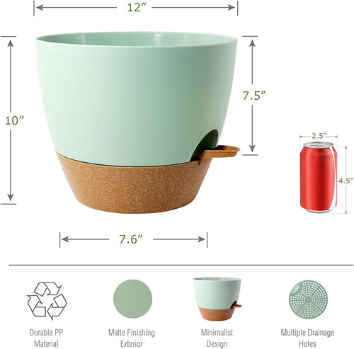 12 inch Large Self Watering Pots Plastic Planters with 60oZ Removable Deep Reservoir and Multi Mesh Drainage Holes for Indoor Outdoor Garden Plants and Flowers Green with Brown