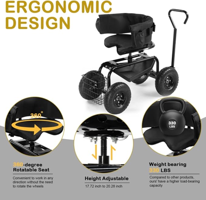 Rolling Garden Cart with Cushioned Backrest &amp Seat Outdoor Gardening Stool for Planting Garden Scooter with 360 Degree Swivel Seat &amp Steering Handle &amp Tool Tray (BackRest Seat+Handle Bla