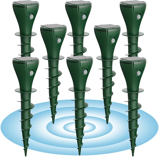 8 Pack Solar Ultrasonic Mole Repellent Stakes for Lawn &amp Garden IP65 Waterproof Animal Deterrent for Gophers Voles Rats Squirrels Moles – Safe for Kids and Pets