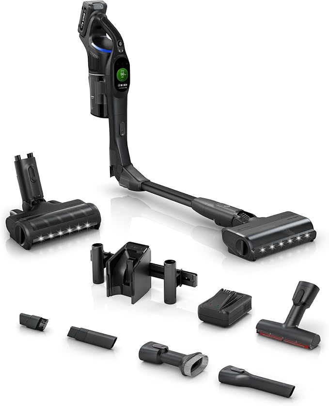 Bosch Unlimited 10 Cordless Stick Vacuum Cleaner - Up to 80 Min Battery Fast Charger Pet Hair Hard Floors and Carpets HEPA Filter MicroClean Brush Bendable Tube 6 Accessories Black