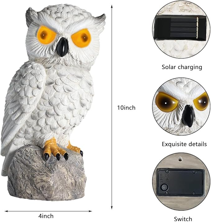 1 KINGO Fake Owl Decoy with LED Eyes &amp Ultrasonic Deterrent Scarecrow Owl Decoys to Scare Birds Away Bird Deterrents for Outside Solar Powered Bird Repellent Devices Outdoor Resin Garden Statu