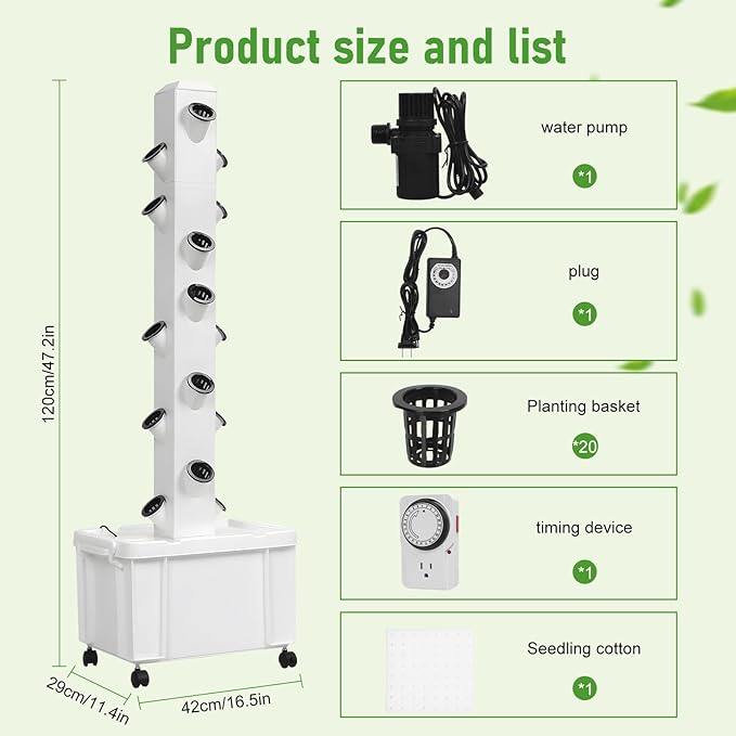 Hydroponic Tower Growing System with Pump and Wheels 20-Plant Vertical Garden Planter 5-Tier Indoor Herb Growing Kit Movable Hydroponics for Home Gardening Enthusiasts White 1 US Plug