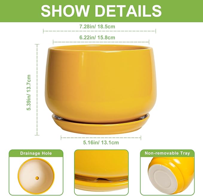 G EPGardening Ceramic Pots for Plants - 7 Inch Plant Pot with Drainage Hole and Saucer Modern Ceramic Planter for Indoor Outdoor Round Flower Planter Gifts for Plants Lovers Home Decor Yellow