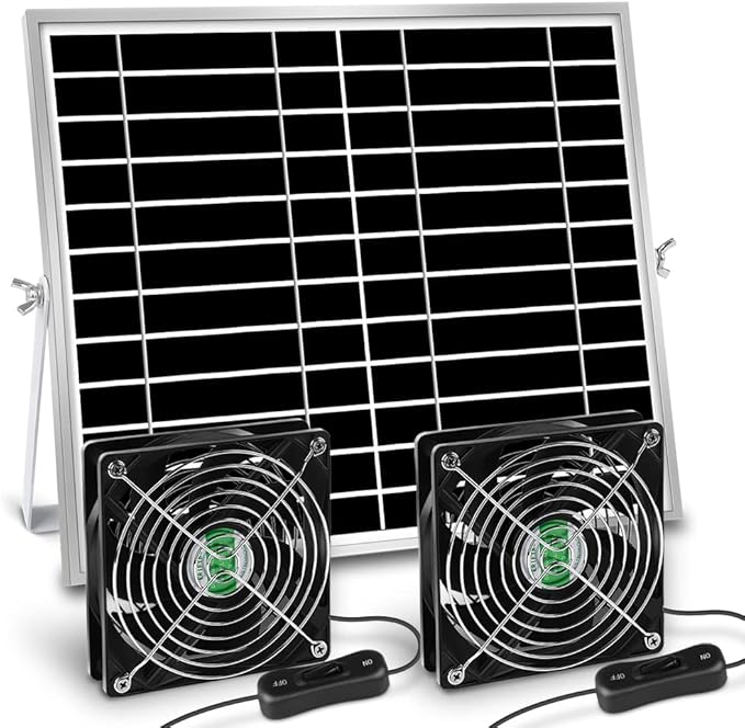 Solar Powered Fan Solar Fan for Shed Chicken Coop Greenhouse Outside with Two IPX7 Waterproof 5In Fans 13Ft On/Off Switch Cable Exhaust Intake Mounting Way and Installation Kits