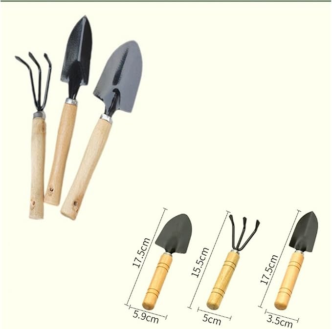3Pcs Garden Tool Set - Compact Rake Shovel and Spade with Wooden Handle for Indoor Gardening(Large)