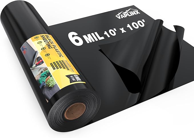 6 Mil Black Plastic Sheeting 10x100 FT – UV Protection Poly Sheeting Polyethylene Film Black Plastic Rolls for Garden Crawl Space Vapor Barrier Construction Landscaping Weed Moisture Control
