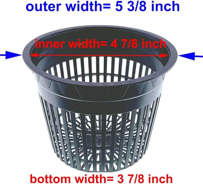 HORTIPOTS 5 Inch Net Pots Raised Center Bottom Mesh Side Wide Rim Round Cup with Free Reflective Top Lids for Hydroponics Systems (Pack of 10 Black)