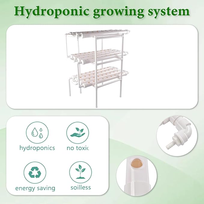 Hydroponic Grow KitPump TimerFood-Grade PVC-U Pipes Hydroponics Planting System with Water Pump Nest Basket and Sponge for Leafy Vegetables