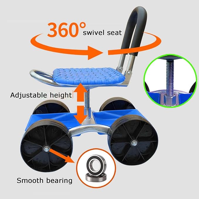 Garden Stool with Wheels Rolling Gardening Helper with Storage BasketAdjustable Height 23-35cmfor Farms Home(3 Wheels)