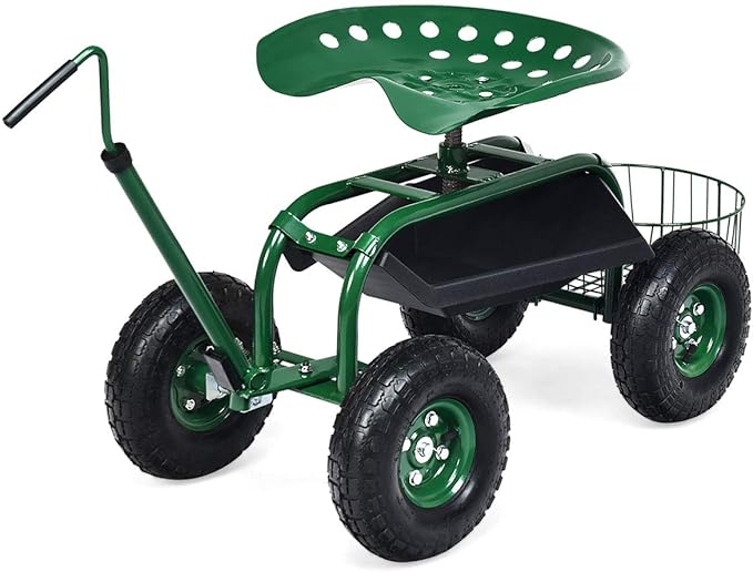 Goplus Rolling Garden Seat with Wheels Outdoor Gardening Scooter with 360° Swivel Seat Tool Tray &amp Basket Adjustable Steering Handle for Lawn Gardening Stool Garden Cart for Planting