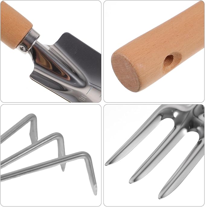 Kichvoe Garden Tool Set with Wooden Handle Hand Shovel and 4pcs Rake Kit for Gardening Including Wide Trowel Pointed Shovel Three-Prong Rake and Cultivator Suitable for Planting