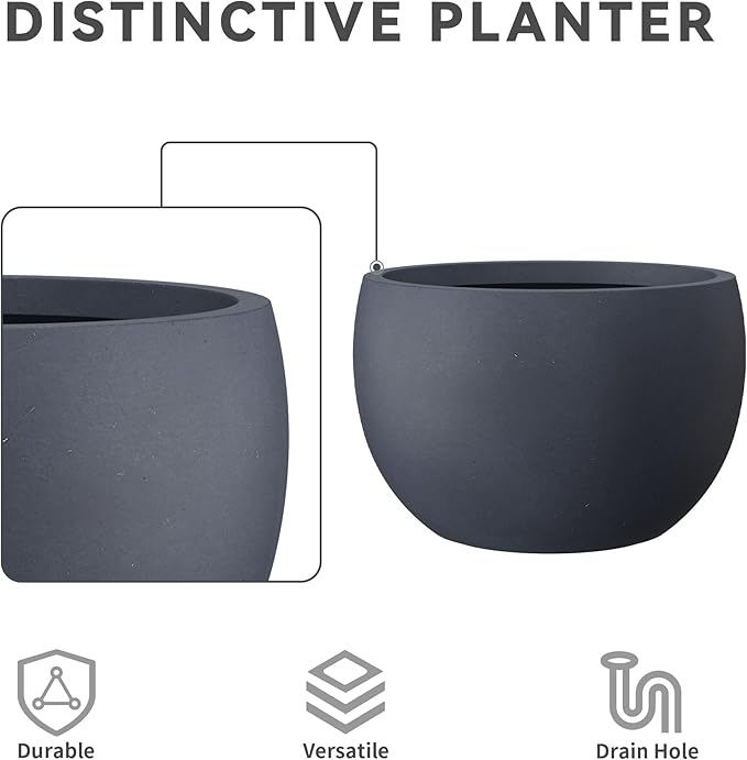 Kante 19.915.711.8 Dia Round Concrete Planter Set of 3 Outdoor/Indoor Large Bowl Plant Pots with Drainage Hole and Rubber Plug for Garden Patio Balcony Home Dark Gray