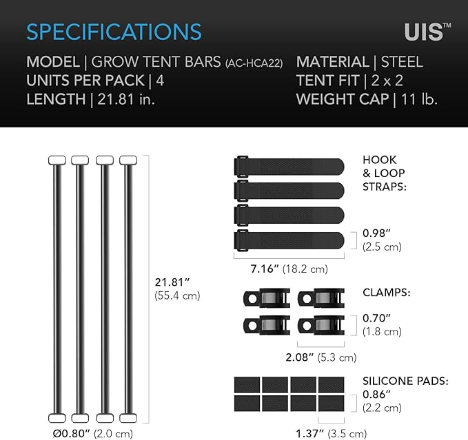 AC Infinity Heavy-Duty Grow Tent Mounting Bars 2x2' High Airflow CFM Kit Prevents Walls from Sucking in Trellis and Supplemental Lights Mounting for All 2x2 Indoor Grow Tents
