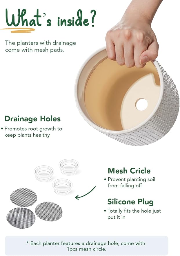 LE TAUCI Ceramic Pots for Plants 10/8/6 Inch Indoor Planters with Draiange Hole Silicone Plug &amp Mesh Pad Modern Rasied-Dots Pots for Home Office Set of 3 Glossy Arctic White