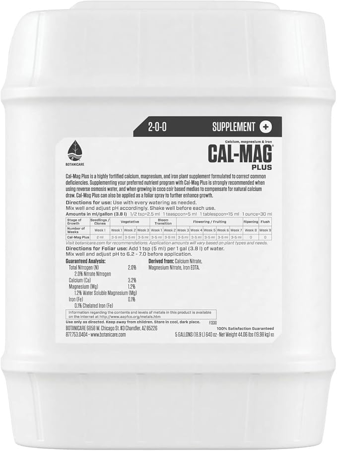 Botanicare Cal-Mag Plus A Calcium Magnesium And Iron Plant Supplement Corrects Common Plant Deficiencies Add To Water Or Use As A Spray 2-0-0 NPK 5 Gallon