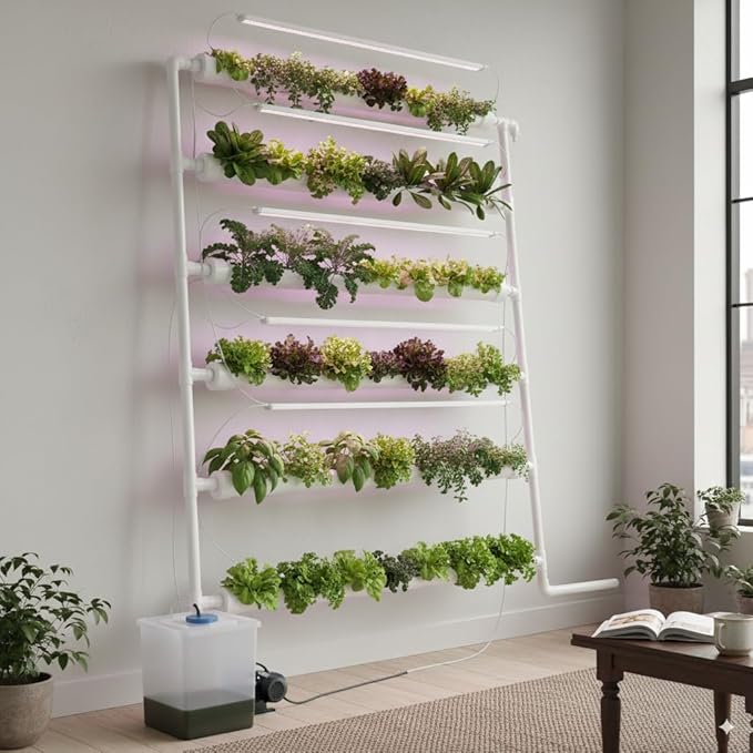 Wall-Mounted Hydroponic Grow Kit Hydroponics Planting System with Water Pump Pump Timer 6 Food-Grade PVC-U Pipes 1 Layers 54 Plant Sites Nest Basket and Sponge for Leafy Vegetable