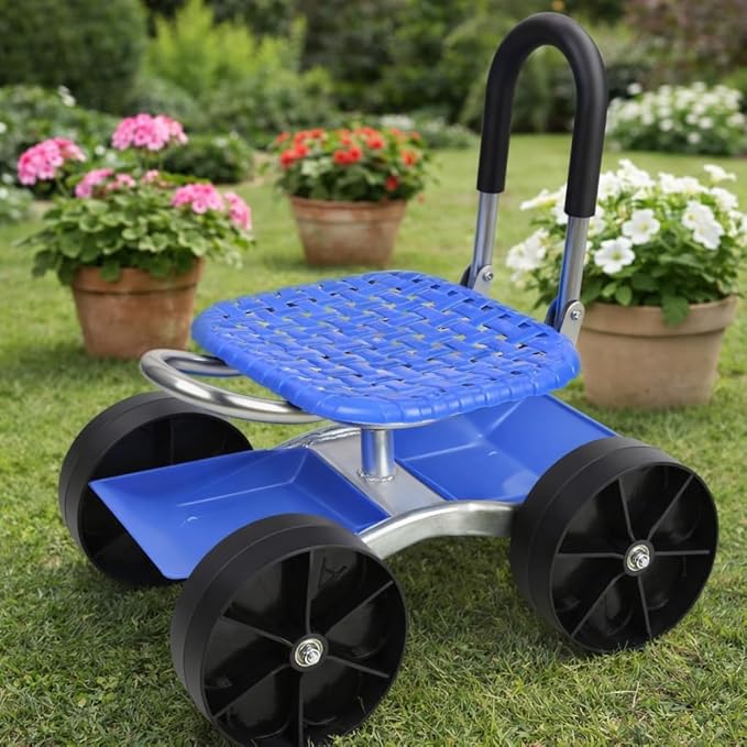 Rolling Garden Seat Utility Garden Stool with Flat Wheels Foldable Lazy Seat Stool Picking Rotary Tool Cart with Storage Shelf Adjustable Height Blue