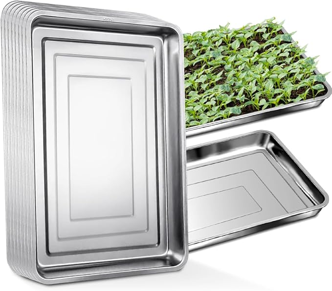 10 Pack Large Stainless Steel Seedling Trays Heavy Duty Metal Water Catch Trays for Nursery Pots Transplant Seed Germination &amp Propagation Flats (17.5 inch×13.56 inch 1.18 Height)