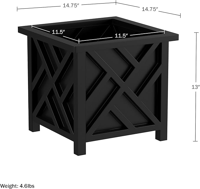 Lattice Design Planter Box 2-Pack – 14.75-Inch Decorative Outdoor Flower or Plant Pots – Front Porch Patio and Garden Decor by Pure Garden (Black)