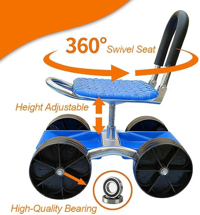 Garden Cart Rolling Workseat Rolling Stool with Wheels and Storage Shelf Foldable Garden Seat with 360° Rotating Seat Adjustable Height 23-35cm for Patio Lawn Yard(B)