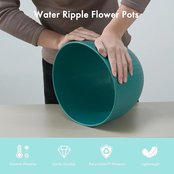 12 Inch Large Plant Pots for Indoor or Outdoor Plants Wide Water Ripples Flower Pots with Drainage Holes &amp Saucer Plastic Planters Set for Garden &amp Home Decor (Blue Green)