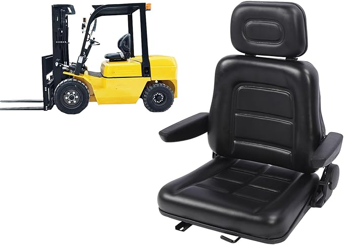 Pongnas Universal Lawn Mower Seat Tractor Seat Forklift Seat with Adjustable 30-180 Degree Tilt Slide Rail for Dumper Skid Loader Telehandler Backhoe Excavator Dozer (With armrest)