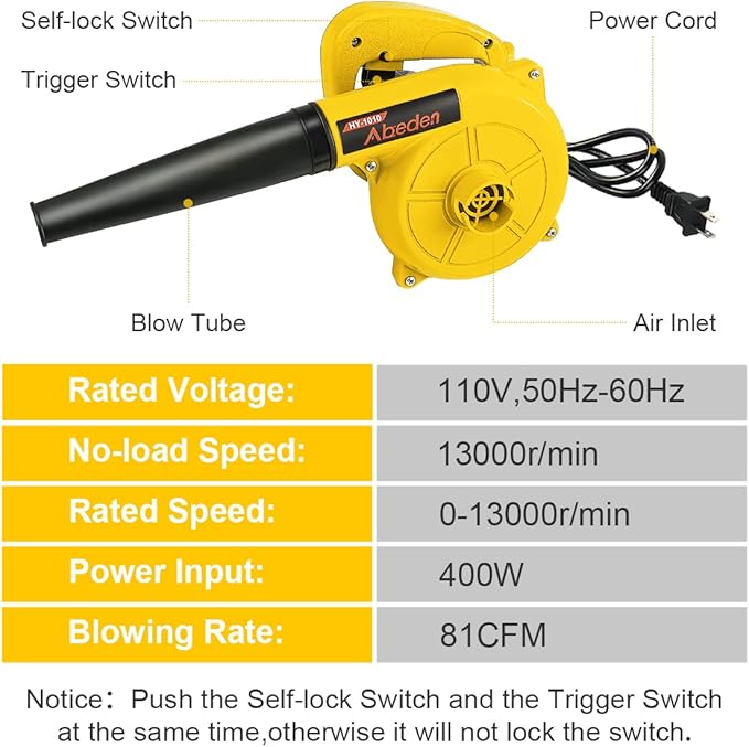 Corded Electric Leaf Blower2 in 1 Small Handheld Lightweight Sweeper/Vacuum110V 400W Portbale Blower for Leaf/Snow/Dust Blowing (Yellow)