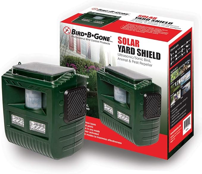 Bird B Gone Solar Yard Shield Animal &amp Pest Repeller - Solar Powered Ultrasonic Bird &amp Animal Repeller - Motion Activated - Outdoor Sonic Bird &amp Pest Repellent with 3 Modes for Garden Prot