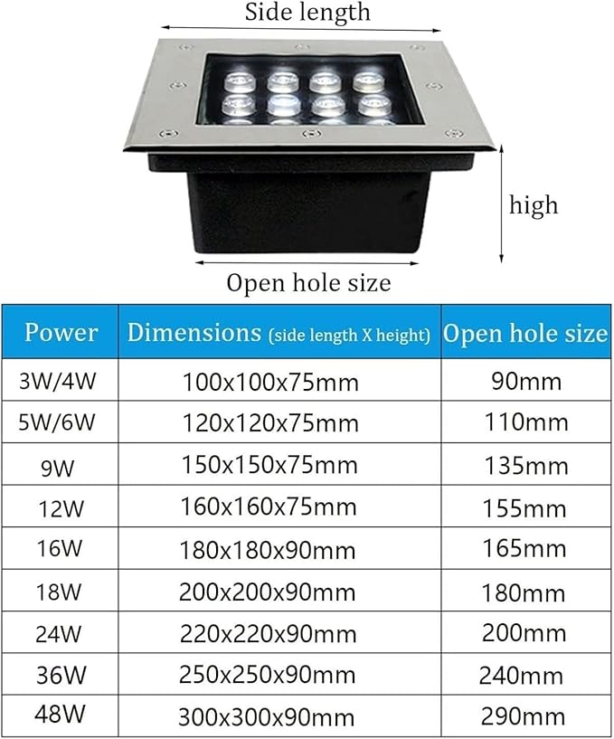 Square Landscape Lamp Recessed Outdoor Buried Lights 12V Low Pressure Stainless Steel Well Light IP67 Waterproof Round Garden LED Spotlight(Yellow9w)