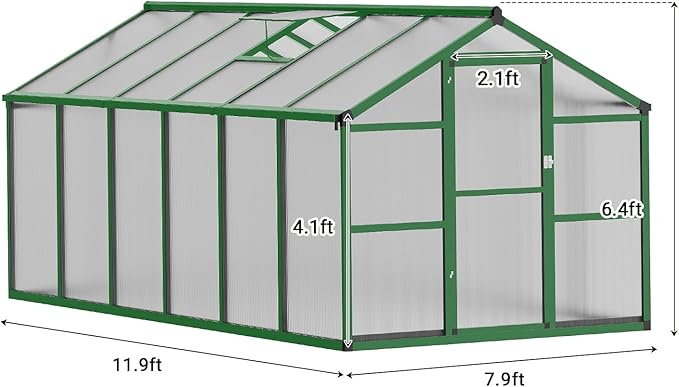 8x12 FT Greenhouse Easy Assembly Aluminum Polycarbonate Greenhouses for Outdoors with Roof Vent Large Aluminum Walk-in Greenhouse for Sunroom Patio Backyard Garden Sliding Lockable Door Green