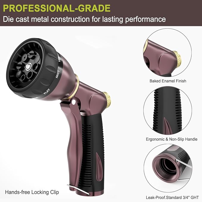 FANHAO Heavy Duty Garden Hose Nozzle 100% Metal Water Nozzle with 8 Adjustable Spray Patterns High Pressure Hose Sprayer with Non-Slip Grip for Watering Plants &amp Lawns Washing Cars &amp Pets -