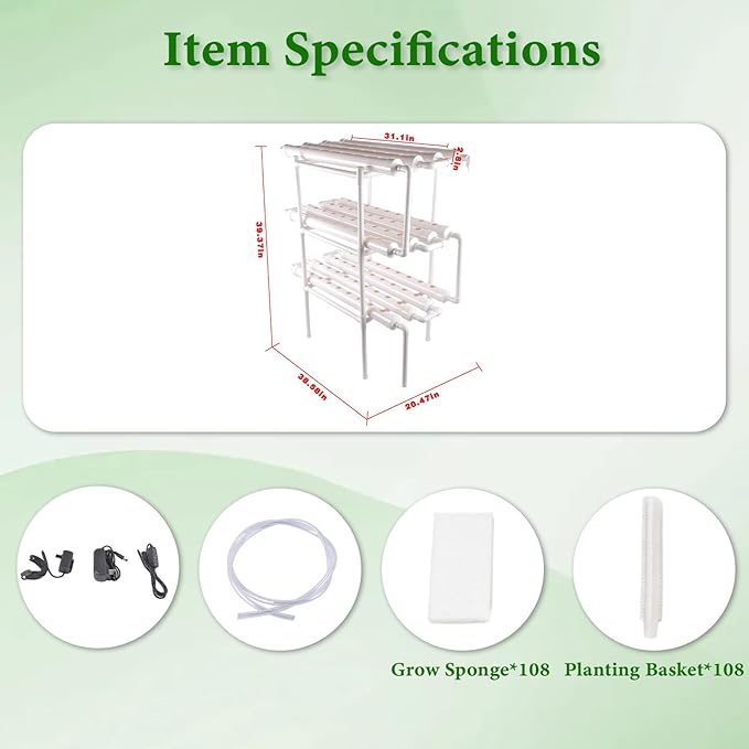 Hydroponic Grow KitPump TimerFood-Grade PVC-U Pipes Hydroponics Planting System with Water Pump Nest Basket and Sponge for Leafy Vegetables