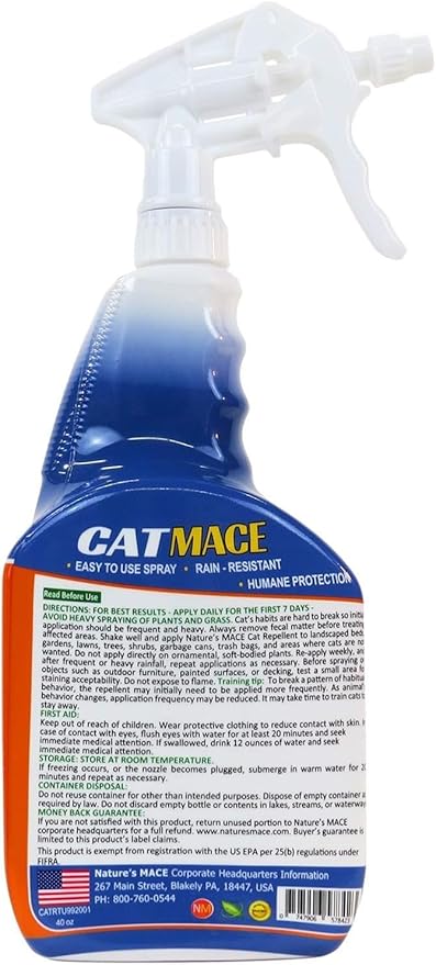 Nature's Mace Cat Mace Cat Repellent Outdoor &amp Indoor All Season Training Tool Chewing Digging Marking Keep Cats Off of Lawn Garden Pee Deterrent Pets Plants 40 oz Spray &amp Concentra
