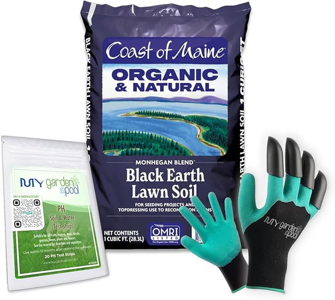 Coast of Maine MO1000 Monhegan Black Earth Lawn Soil 1 cf with My Garden Pool 7-in-1 Soil Test Strips 20 ct. and Claw Gardening Gloves