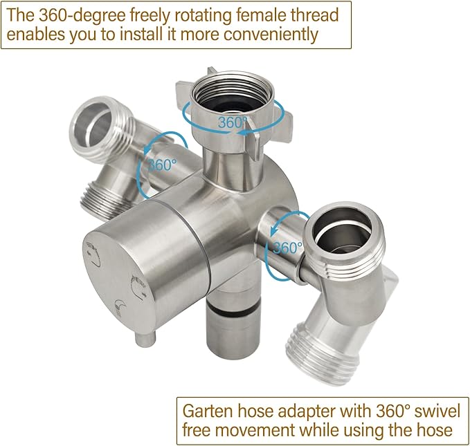 G-Sunny Stainless Steel Multi-Function Outdoor Faucet with Dual Garden Hose Adapter Heavy Duty Outdoor Water Splitter with Extra Tap for Hand Washing Bucket Filling (Dual Hose)