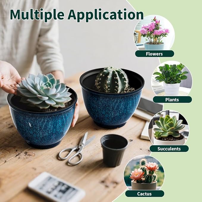 Plant Pots Set of 4 Plastic Planters with Drainage Hole 8 Inch Glaze Plastic Flower Pots for Plants Nursery Planting Pot Planter for Indoor Outdoor Home Decorative(Blue)