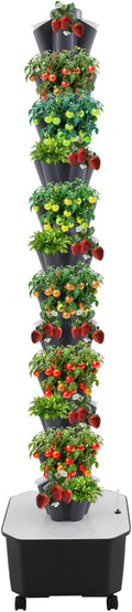 12-Tier Hydroponic Growing Tower 60-Plant Indoor Gardening System w/Automatic Water Circulation Vertical Aeroponic Tower Garden for Herbs Vegetables Fruits (Grey 60-Plants)