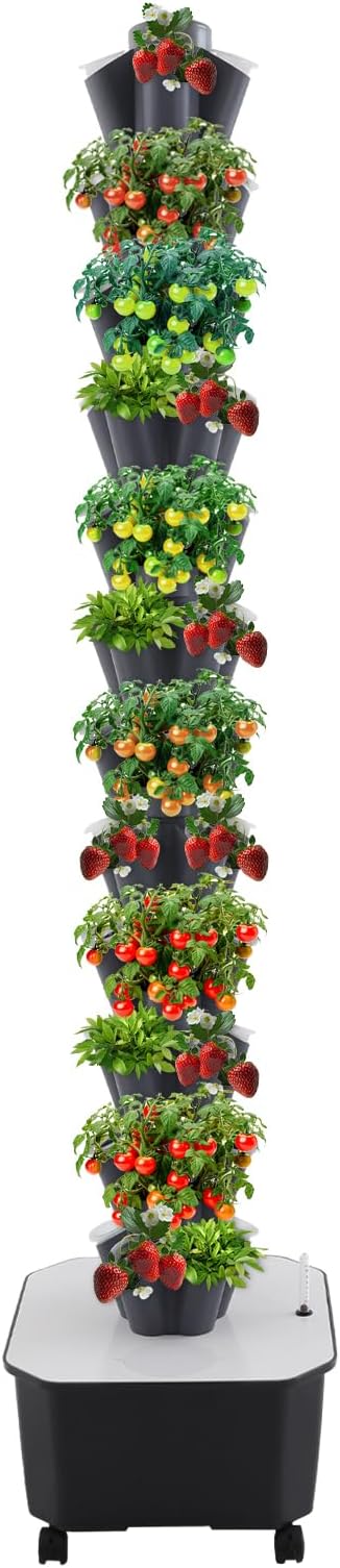 12-Tier Hydroponic Growing Tower 60-Plant Indoor Gardening System w/Automatic Water Circulation Vertical Aeroponic Tower Garden for Herbs Vegetables Fruits (Grey 60-Plants)