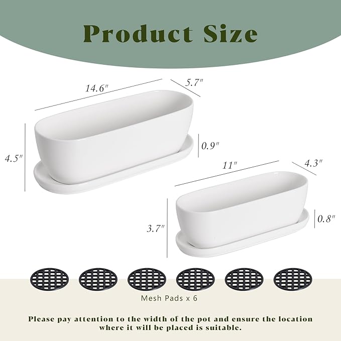 E-liu Ceramic Plant Pots 11+14 inch Set of 2 Planters with Drainage Holes Saucers and Mesh Pads Indoor Flower Succulent Pot with Hole Mesh Pad Gifts for Mom Plants Not Included