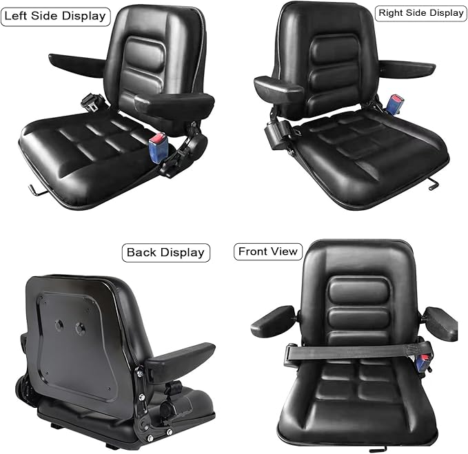 Foldable Universal Lawn Mower SeatWaterproof Artificial Leather Seat with 0-90°Armrest &amp Retractable SeatbeltBlack PVC Forklift Seat w/Adjustable Angle Backrest and Sli(Size:no HeadrestColor:Bl