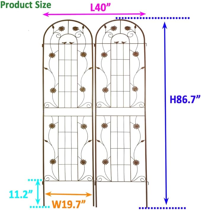 Sturdy Powder-Coated Metal Garden Trellis for Climbing Plants Outdoor Flower Support with Rust-Resistant Frame and Open Lattice Design (2 Pack-Brown)