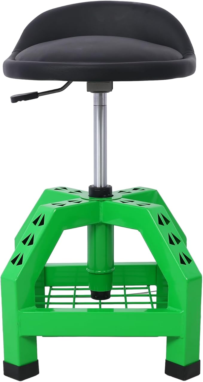 Rolling Shop Stool for Garage with Tool Storage Lower Shelf Ergonomic Padding Lumbar Support 360° Swivel Shop Seat Green