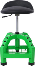 Rolling Shop Stool for Garage with Tool Storage Lower Shelf Ergonomic Padding Lumbar Support 360° Swivel Shop Seat Green
