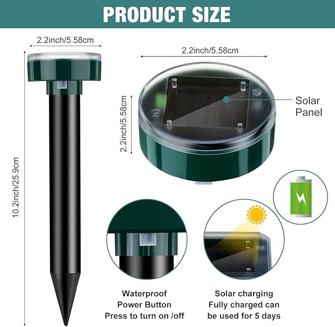 28 Pieces Solar Mole Repellent Ultrasonic Outdoor Gopher Deterrent Spikes for Garden Yard Lawn Waterproof Solar Powered Repeller for Groundhogs Voles Snakes and Other Burrowing Animals (Round)