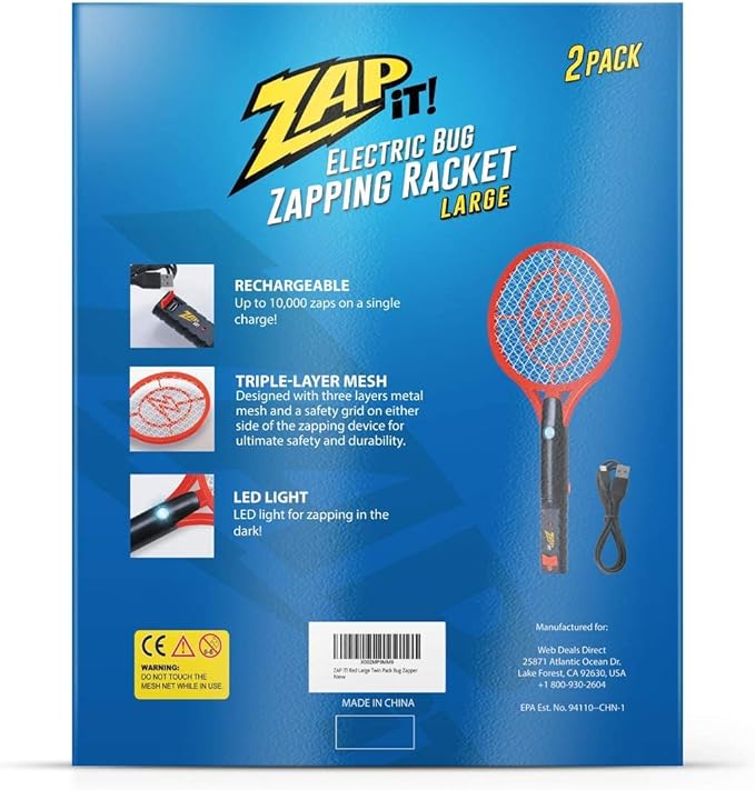 ZAP IT! Bug Zapper Rechargeable Bug Zapper Racket 4000 Volt USB Charging Cable 2 Pack